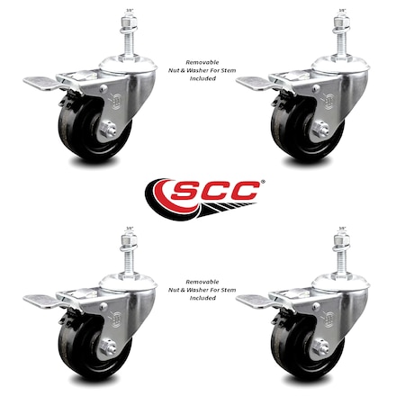 Service Caster 3.5 Inch Phenolic Swivel 3/8 Inch Threaded Stem Caster Set with Total Lock Brake SCC-TSTTL20S3514-PHR-381615-4